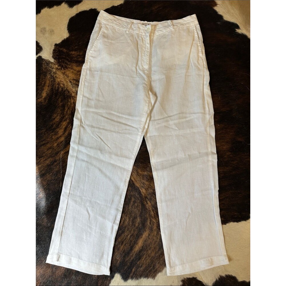 LL Bean Classic Fit White Linen Pants, 12 P, Button & Zip Closure, Pockets